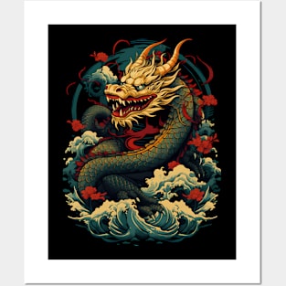 Ukiyo-e dragon waves Posters and Art